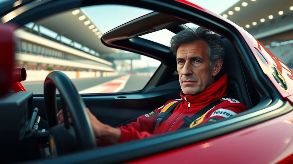 Alain Prost dans une Ferrari moderne sur un circuit de Formule 1.