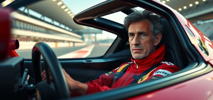 Alain Prost dans une Ferrari moderne sur un circuit de Formule 1.