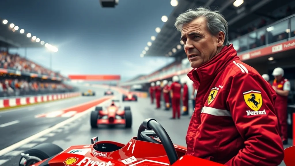 Une illustration d'Alain Prost dans un stand Ferrari en Formule 1, discutant de son retour chez Ferrari en 2025, avec une ambiance de course dynamique.