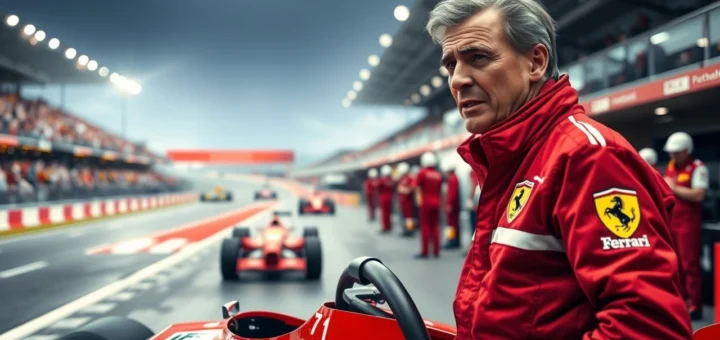 Une illustration d'Alain Prost dans un stand Ferrari en Formule 1, discutant de son retour chez Ferrari en 2025, avec une ambiance de course dynamique.