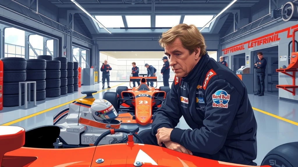 Alain Prost soutenant Oscar Piastri dans le garage de Formule 1.