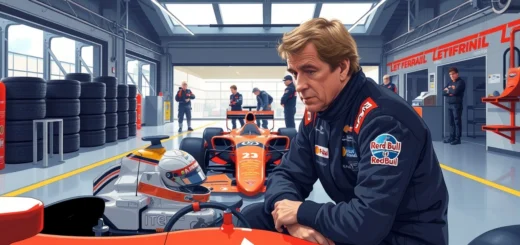 Alain Prost soutenant Oscar Piastri dans le garage de Formule 1.