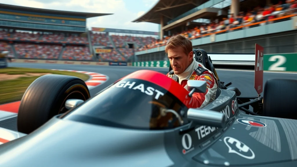 Une illustration photoréaliste d'Alain Prost en plein pilotage en Formule 1.