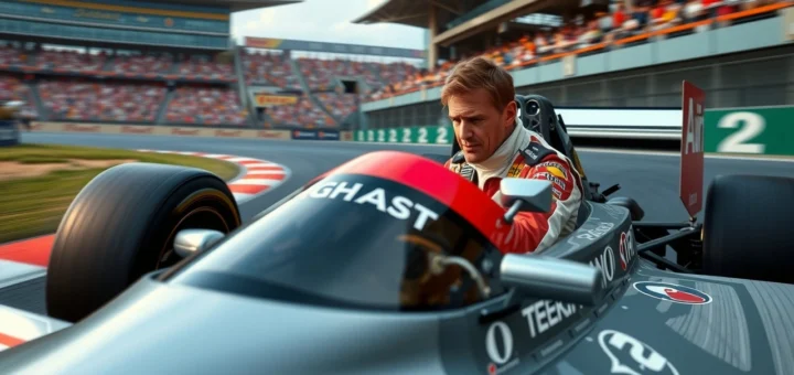 Une illustration photoréaliste d'Alain Prost en plein pilotage en Formule 1.