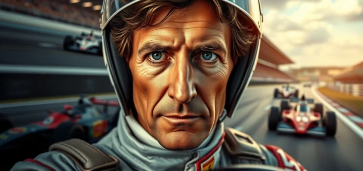 Une portrait photoréaliste d'Alain Prost, pilote légendaire de la Formule 1.