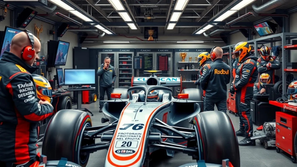 Une représentation photoréaliste d'une écurie de Formule 1 réussie, illustrant l'organisation et le travail d'équipe.