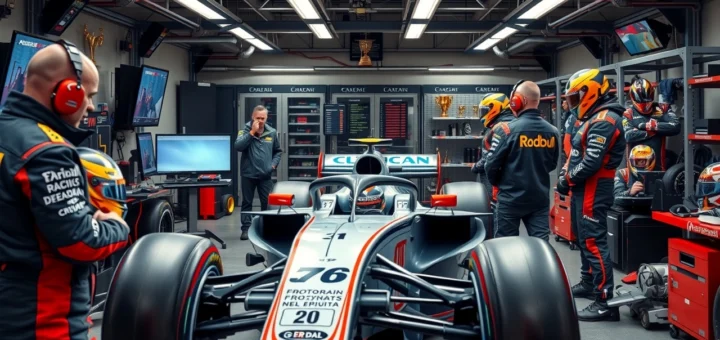 Une représentation photoréaliste d'une écurie de Formule 1 réussie, illustrant l'organisation et le travail d'équipe.