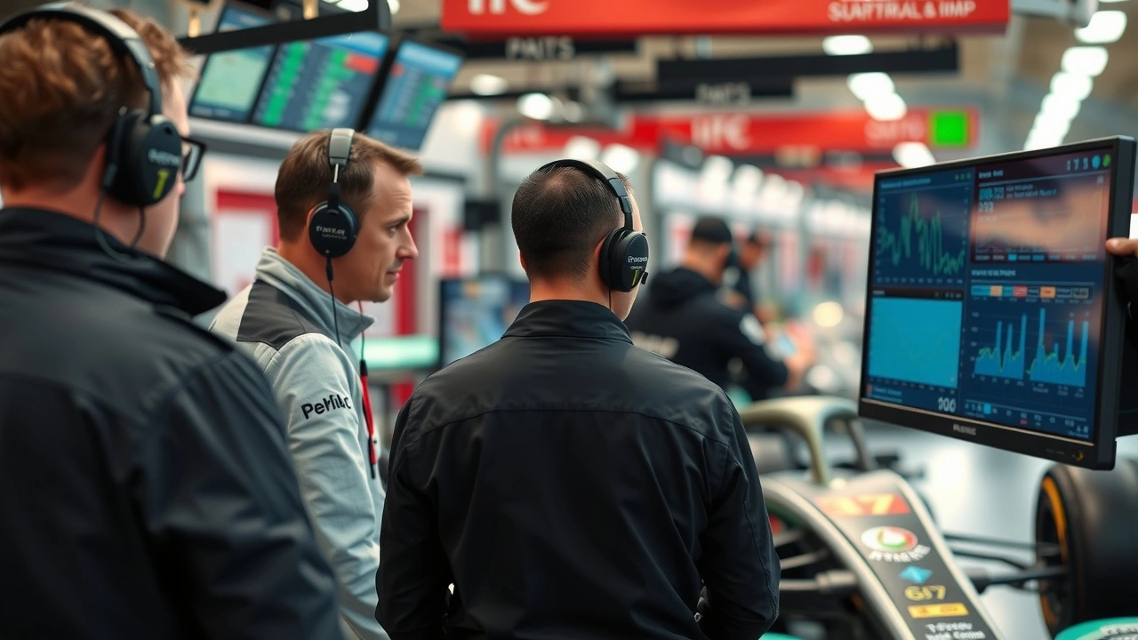 arrêt au stand d'une écurie de F1 avec ingénieurs