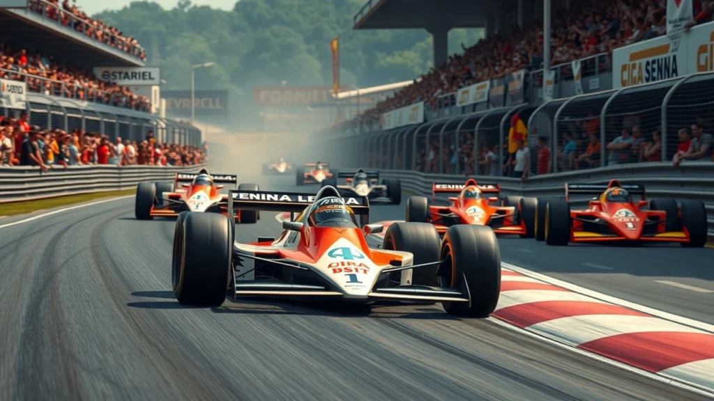 Une scène de compétition de Formule 1 illustrant l'esprit de victoire selon Ayrton Senna.