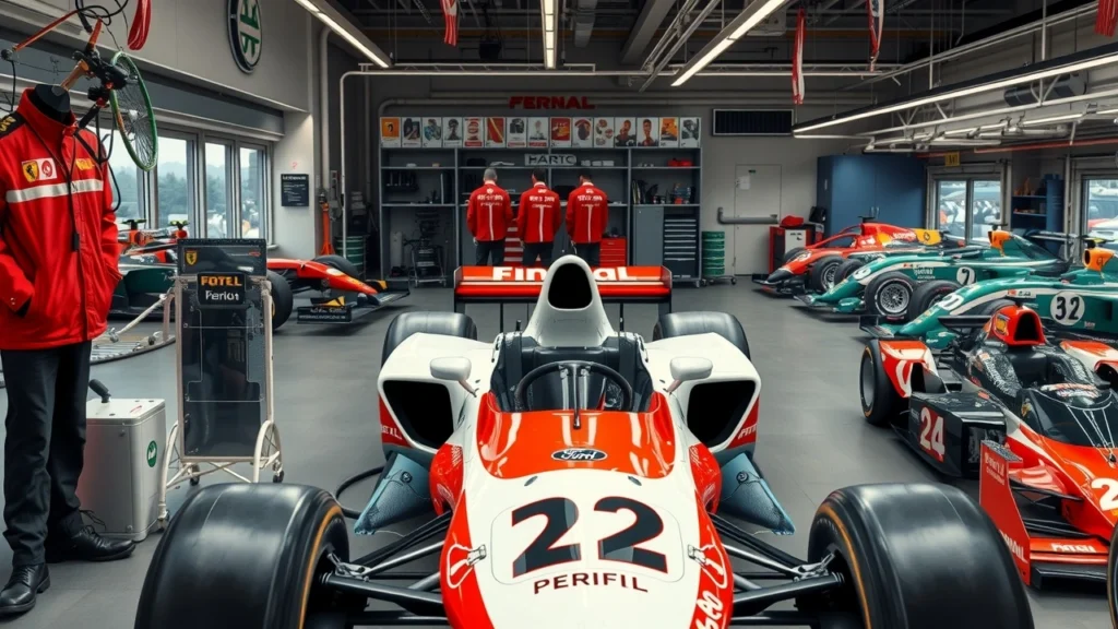 Un atelier d'une écurie de F1 avec des voitures emblématiques et des techniciens au travail.
