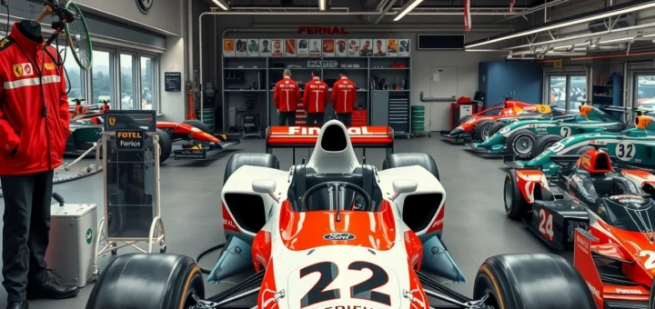 Un atelier d'une écurie de F1 avec des voitures emblématiques et des techniciens au travail.