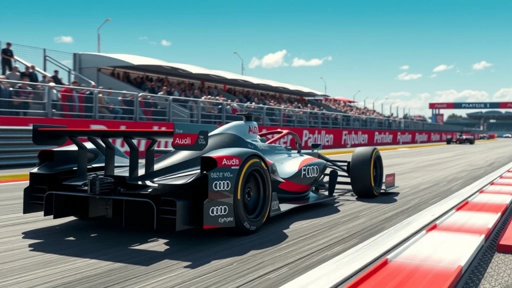 Une image photographique d'une voiture de Formule 1 Audi en test avancé sur un circuit en Allemagne.