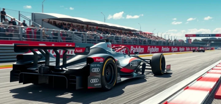 Une image photographique d'une voiture de Formule 1 Audi en test avancé sur un circuit en Allemagne.