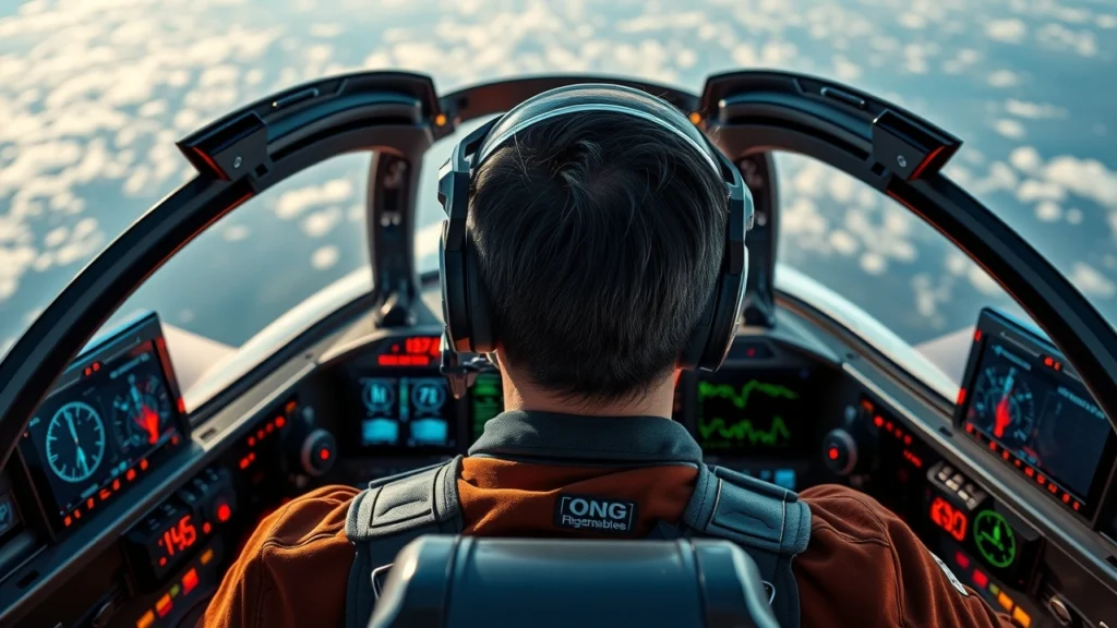 Un pilote dans un cockpit moderne avec des capteurs biométriques avancés.