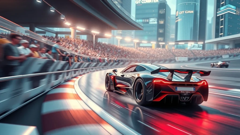 Illustration du futur des sports automobiles en 2024 avec des voitures de course modernes sur un circuit futuriste.