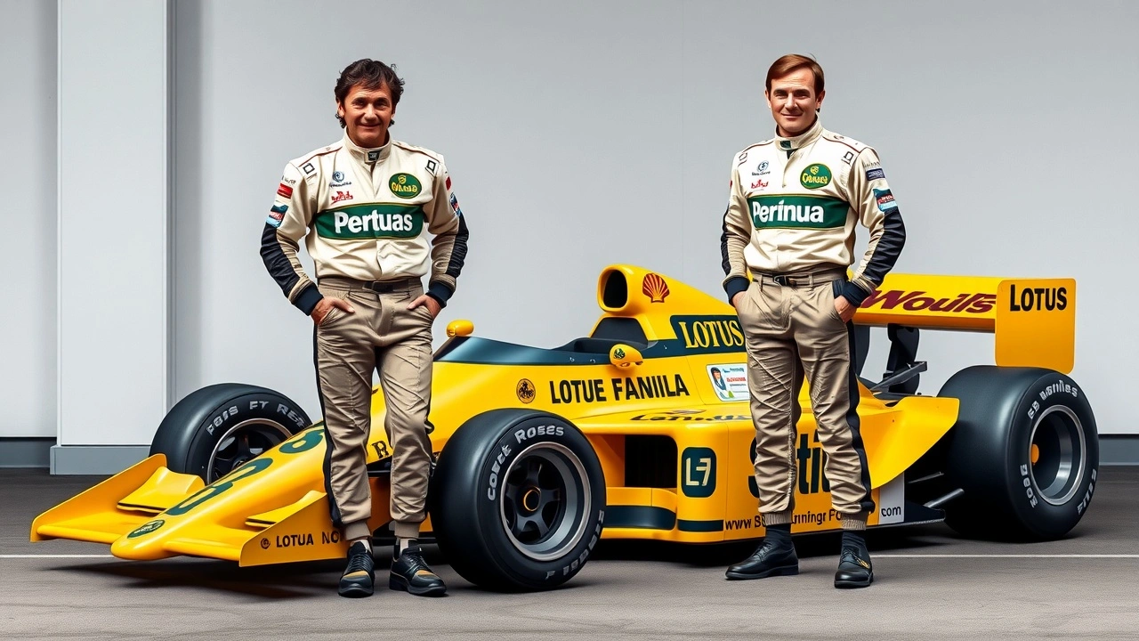 Ayrton et Bruno Senna posant avec la Lotus 97T