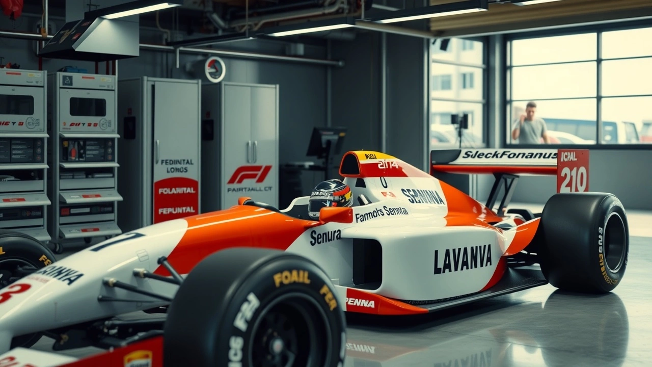 Ayrton Senna entrant dans une voiture de Formule 1