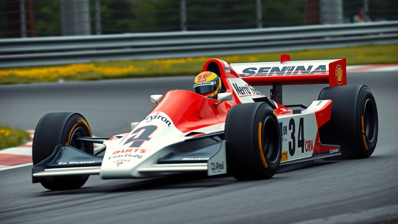 Ayrton Senna conduisant une voiture de Formule 1 en course