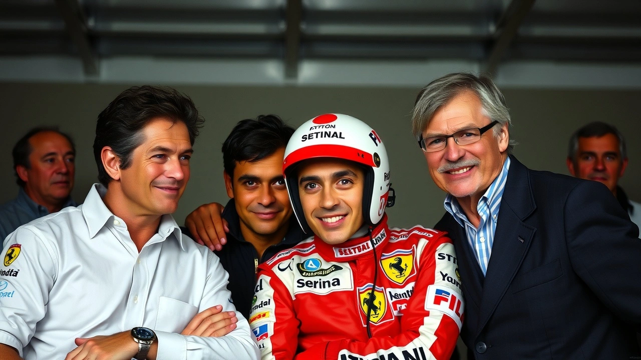 Ayrton Senna avec ses mentors sur le circuit