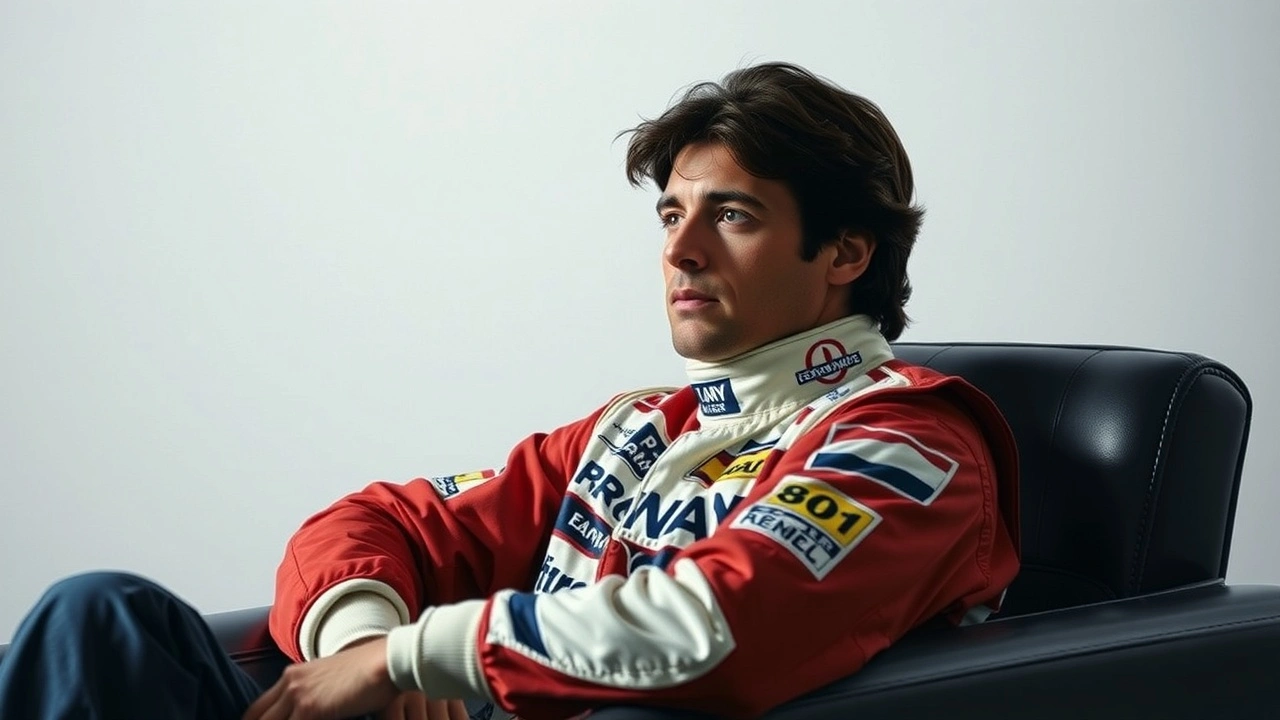 Ayrton Senna pensif en combinaison de course
