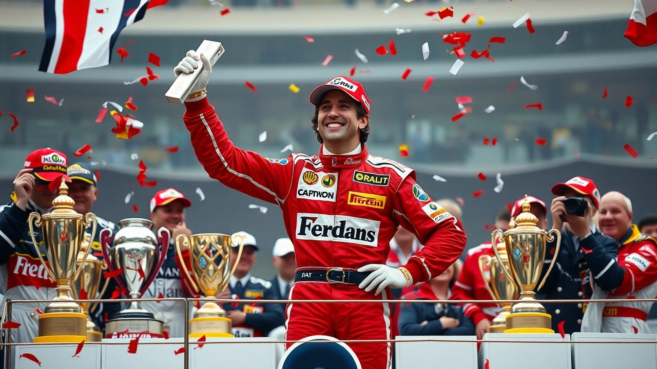 Ayrton Senna sur le podium avec des trophées