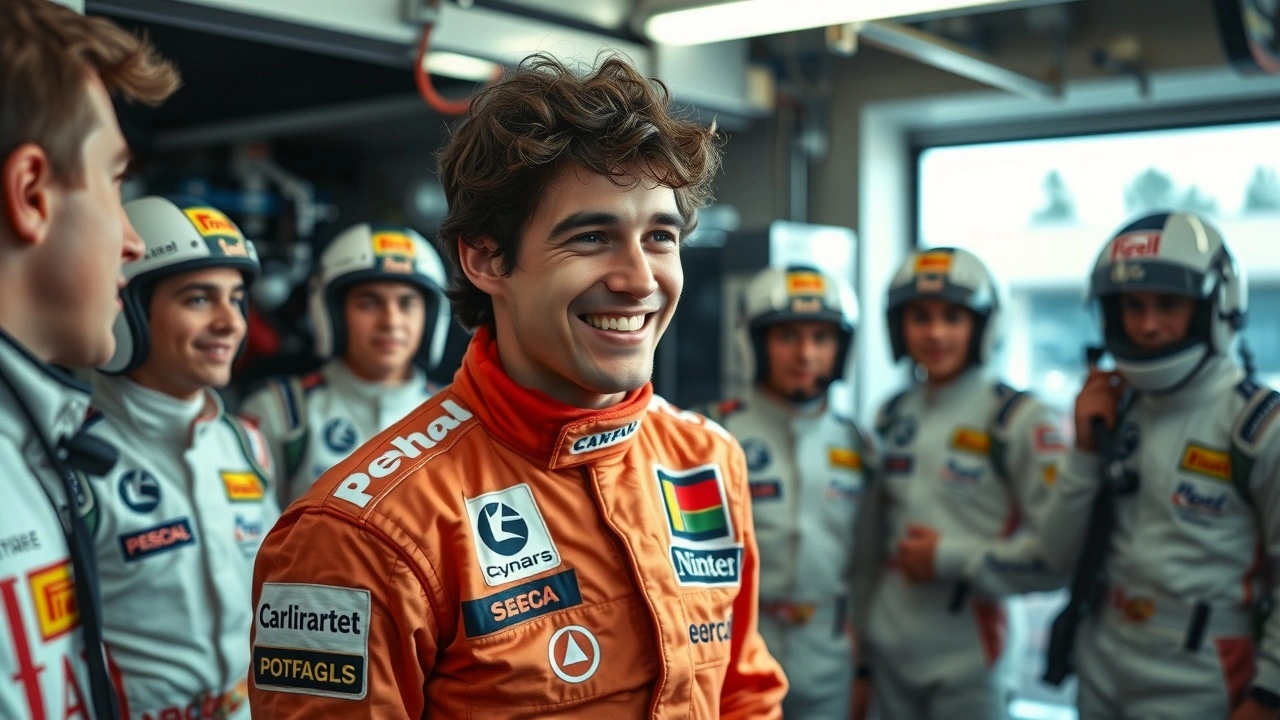 Ayrton Senna souriant avec de jeunes pilotes