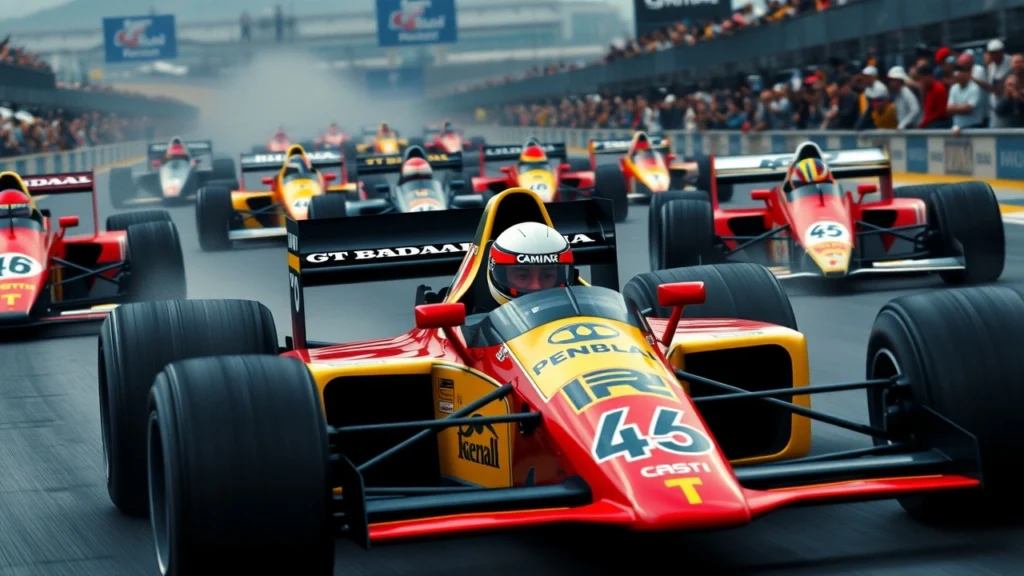 Une représentation photoréaliste d'Ayrton Senna dans une course de Formule 1, illustrant les rivalités épiques de son parcours.