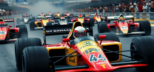 Une représentation photoréaliste d'Ayrton Senna dans une course de Formule 1, illustrant les rivalités épiques de son parcours.