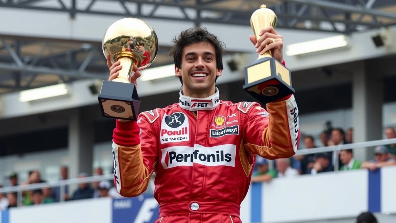 Ayrton Senna tenant un trophée en costume de course