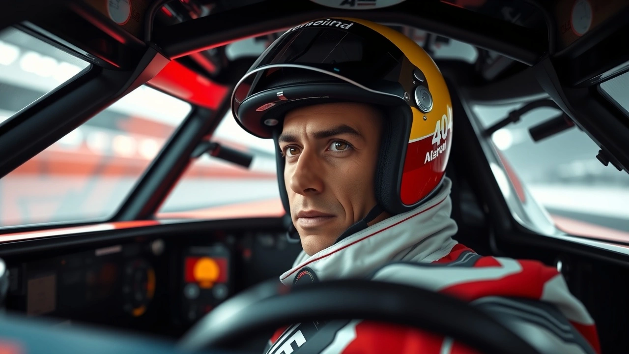 Ayrton Senna dans sa voiture de Formule 1 tournée vers le futur