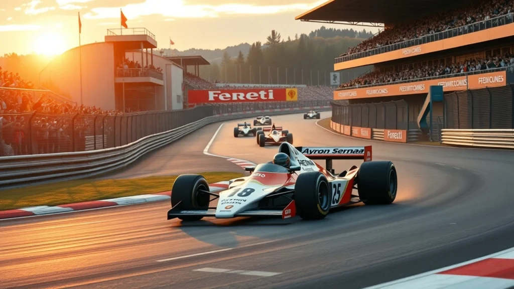 Illustration d'Ayrton Senna montrant sa stratégie de course sur un circuit de Formule 1.