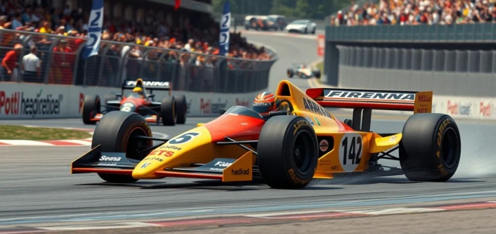 Une illustration photoréaliste d'Ayrton Senna sur le circuit, surmontant des défis en Formule 1.