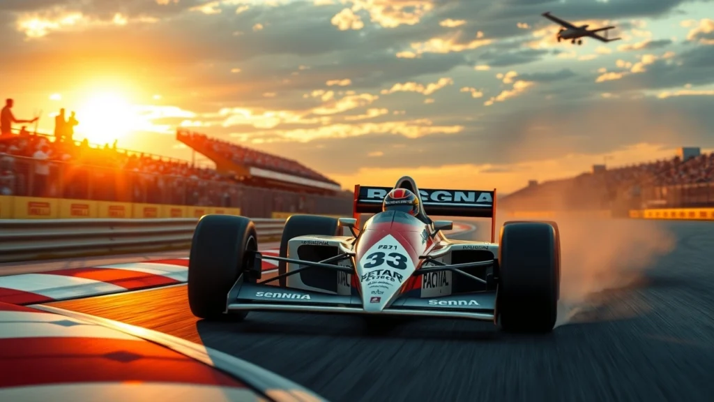 Une scène inspirante d'Ayrton Senna en pleine course de Formule 1.