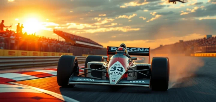 Une scène inspirante d'Ayrton Senna en pleine course de Formule 1.