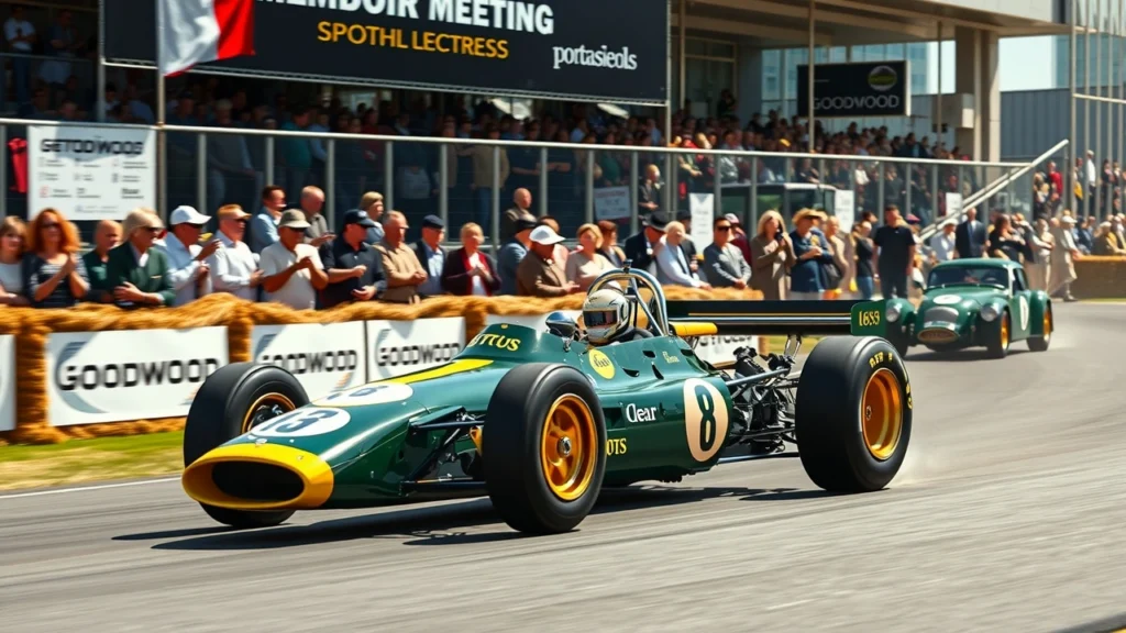 Une scène photoréaliste au Goodwood Members' Meeting 2025 avec la Lotus 97T conduite par Bruno Senna.