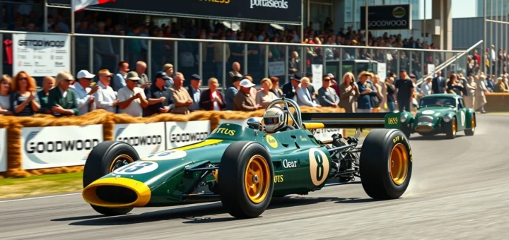 Une scène photoréaliste au Goodwood Members' Meeting 2025 avec la Lotus 97T conduite par Bruno Senna.