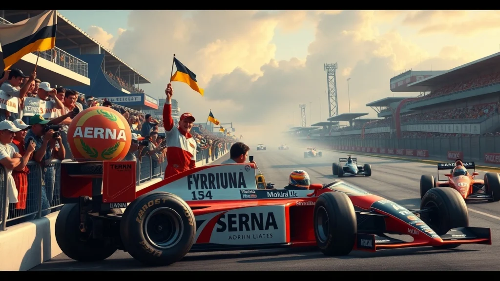 Illustration de la vie d'Ayrton Senna entre gloire et tragédie, mettant en avant ses réalisations et un hommage.