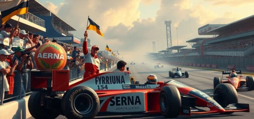 Illustration de la vie d'Ayrton Senna entre gloire et tragédie, mettant en avant ses réalisations et un hommage.