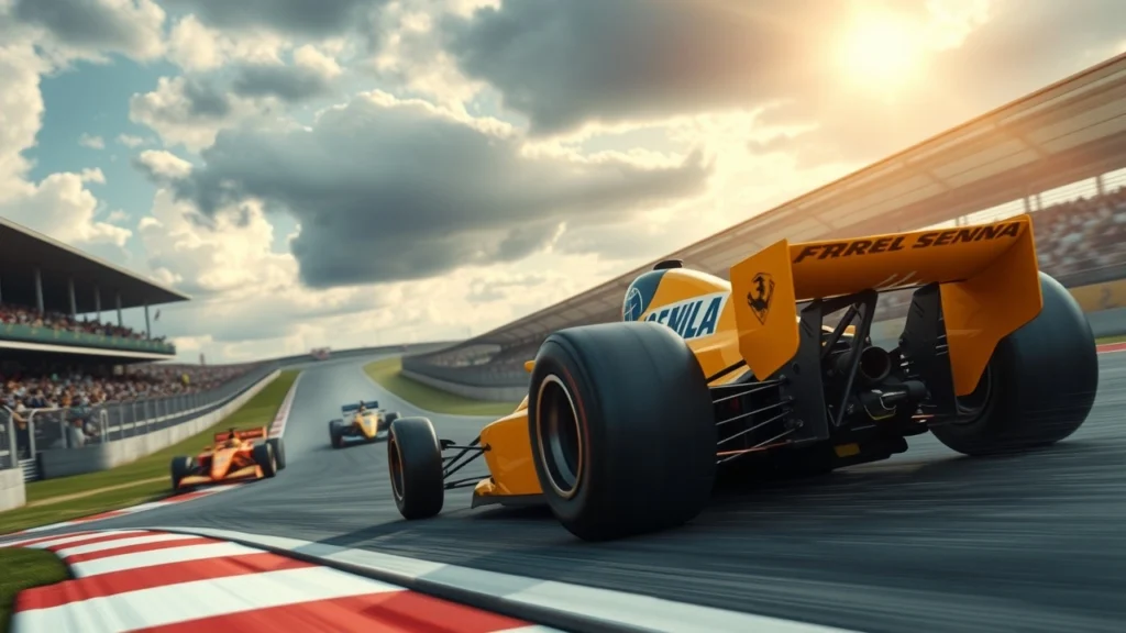 Une illustration d'Ayrton Senna en course, montrant la rivalité qui a marqué son succès en Formule 1.