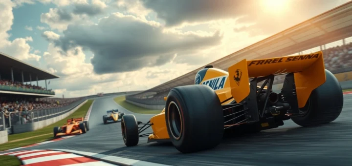 Une illustration d'Ayrton Senna en course, montrant la rivalité qui a marqué son succès en Formule 1.