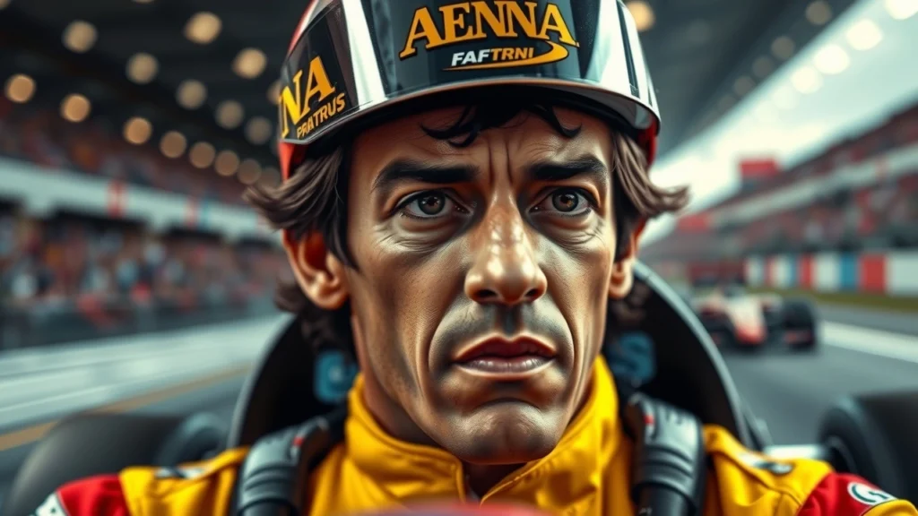 Portrait photorealiste d'Ayrton Senna montrant sa concentration et détermination en course.