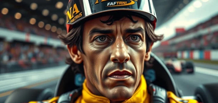 Portrait photorealiste d'Ayrton Senna montrant sa concentration et détermination en course.