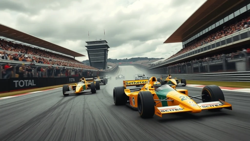 Une illustration photorealiste d'une course de Formule 1, mettant en avant un moment décisif de la carrière d'Ayrton Senna, avec des voitures de course et des spectateurs.