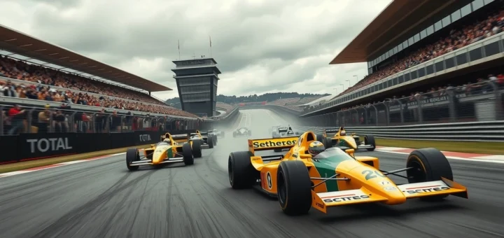 Une illustration photorealiste d'une course de Formule 1, mettant en avant un moment décisif de la carrière d'Ayrton Senna, avec des voitures de course et des spectateurs.