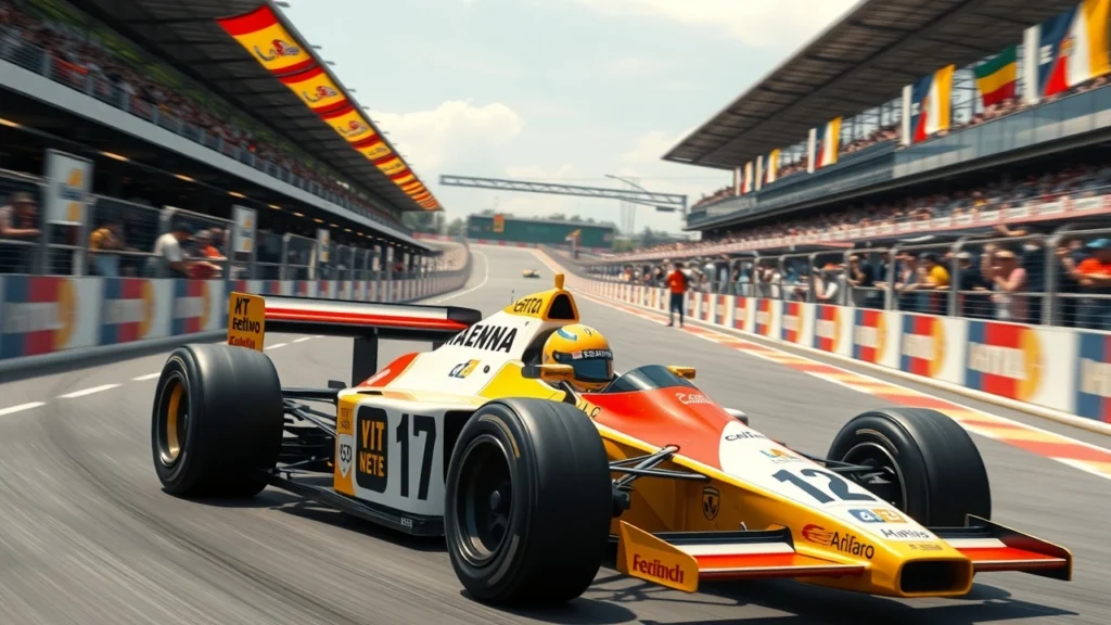 Une illustration photoréaliste de la scène des courses de Formule 1 évoquant l'héritage d'Ayrton Senna.