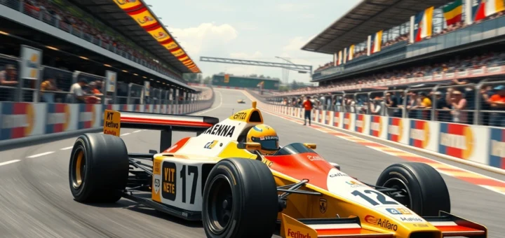Une illustration photoréaliste de la scène des courses de Formule 1 évoquant l'héritage d'Ayrton Senna.