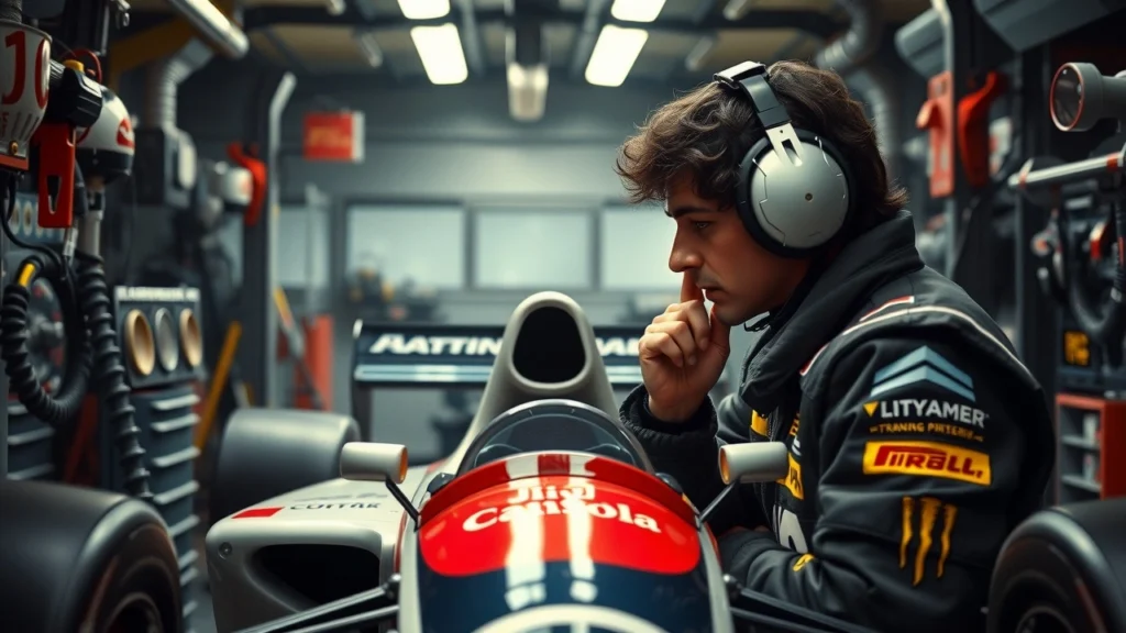 Image montrant Ayrton Senna dans un garage, concentré sur sa préparation mentale pour la Formule 1.
