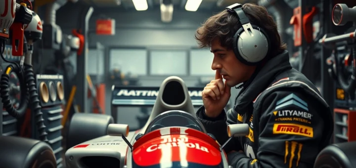 Image montrant Ayrton Senna dans un garage, concentré sur sa préparation mentale pour la Formule 1.