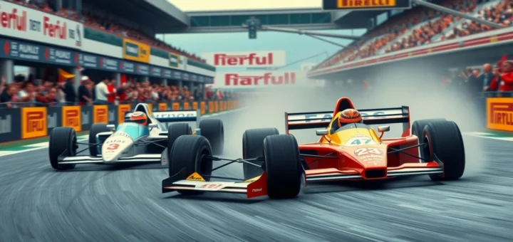 Une image photorealiste illustrant la rivalité d'Ayrton Senna en Formule 1.