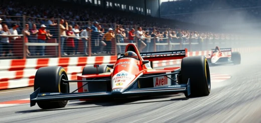 Une image photoréaliste d'Ayrton Senna en pleine course de Formule 1, mettant en valeur la technologie de sa voiture.